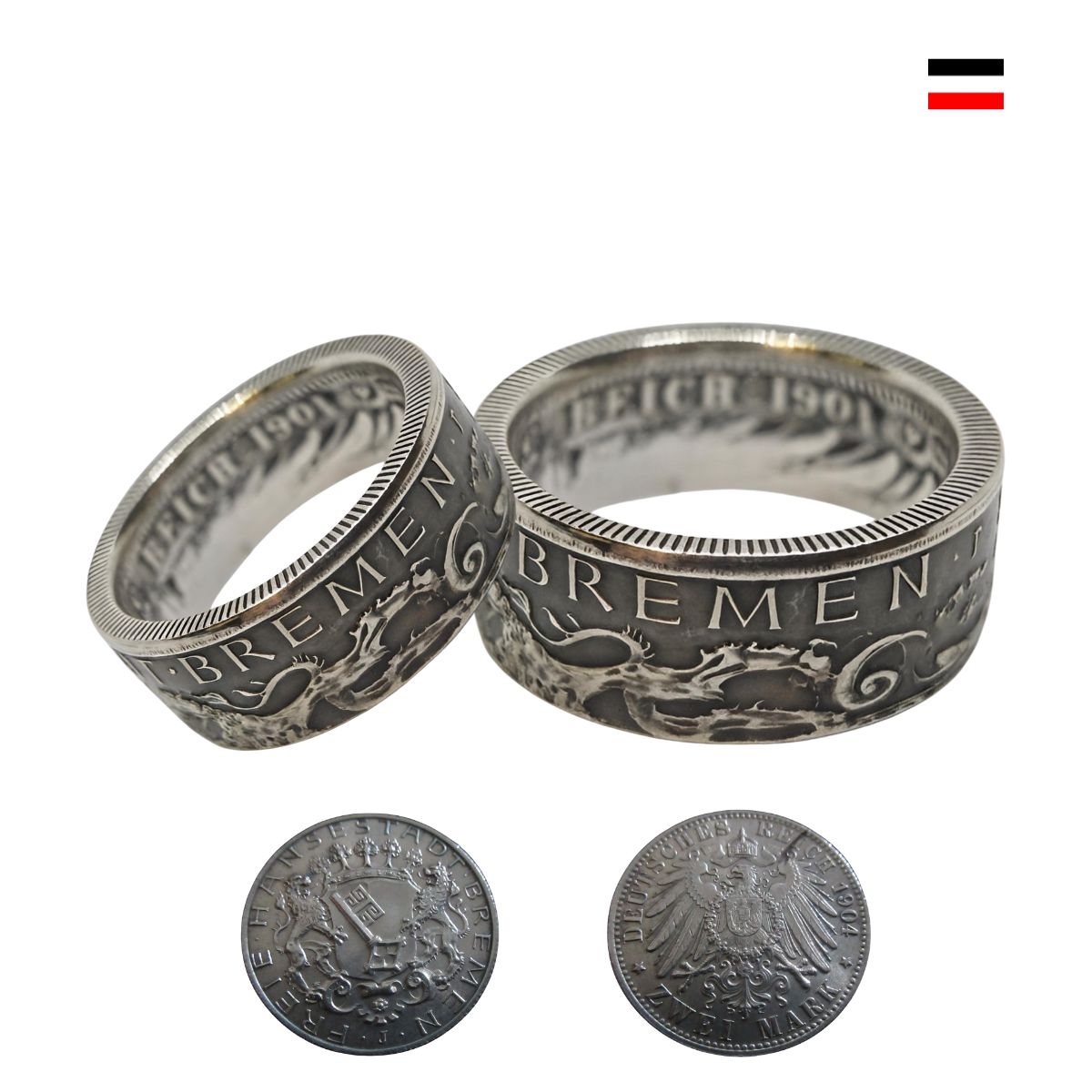 Handgefertigte Eheringe aus 2 Mark Bremen Münze – historische Münzringe aus der Kaiserzeit für Paare