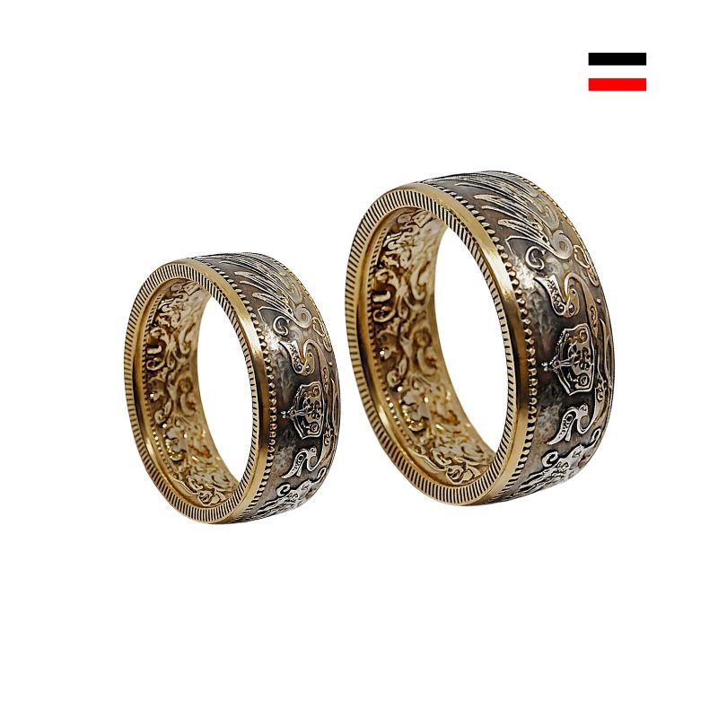 Handgearbeiteter 1-Mark-Ring aus dem Deutschen Kaiserreich, gefertigt aus 900er Silber mit teilweiser 24K Vergoldung – historisches Schmuckunikat.