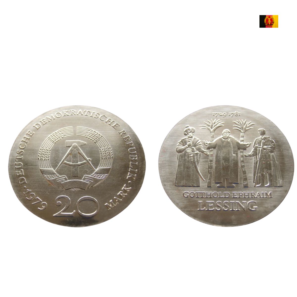 Original 20-Mark DDR Münzring, aus 625er Silber handgefertigt, mit feiner polierter Oberfläche und erkennbarer Münzprägung