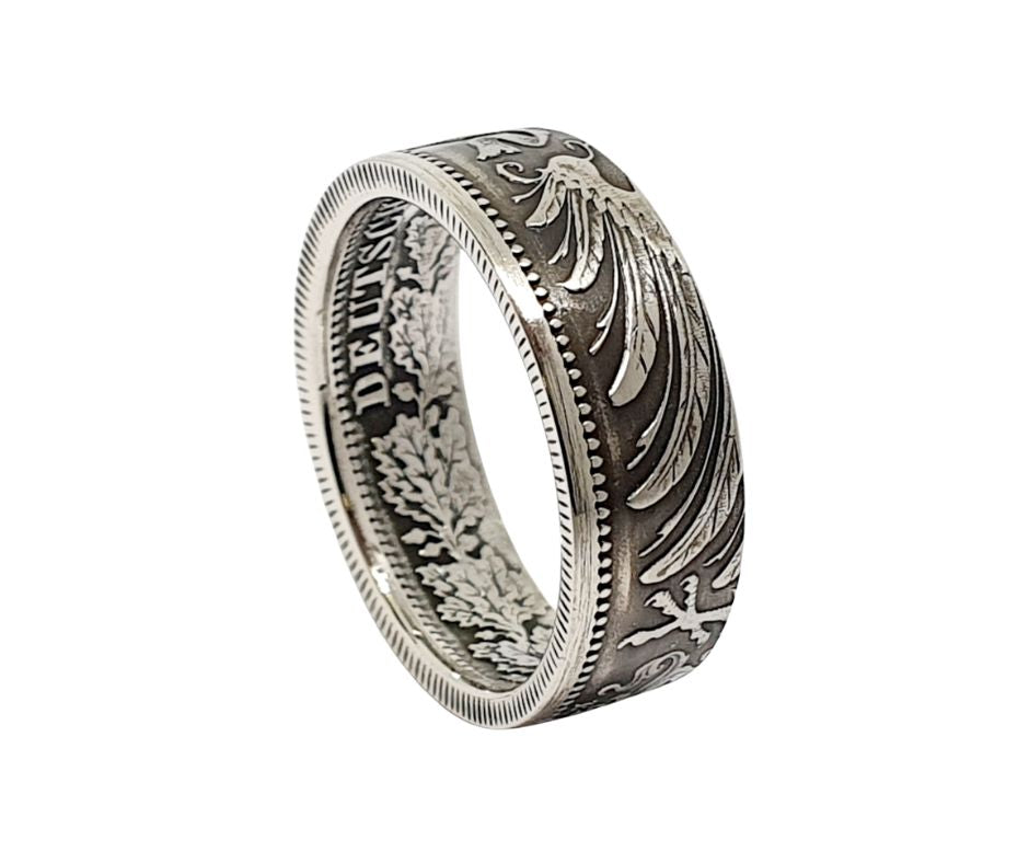 1 Mark Kaiserreich Münzring Seitenansicht, 900er Silber handgefertigt, historischer Schmuck"