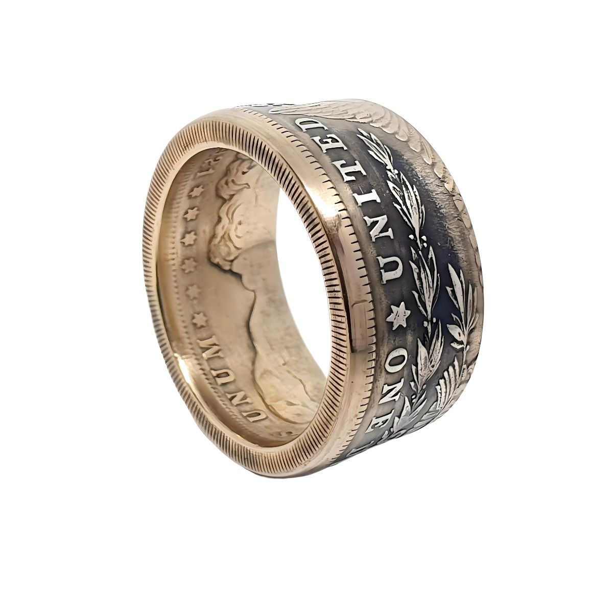"Morgan Dollar Herrenring - Detailansicht der 18K Goldakzente und Silberverarbeitung"