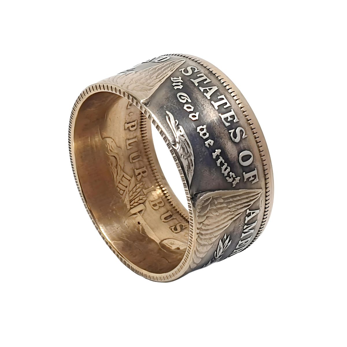 "Morgan Dollar Herrenring - Detailansicht der 18K Goldakzente und Silberverarbeitung"