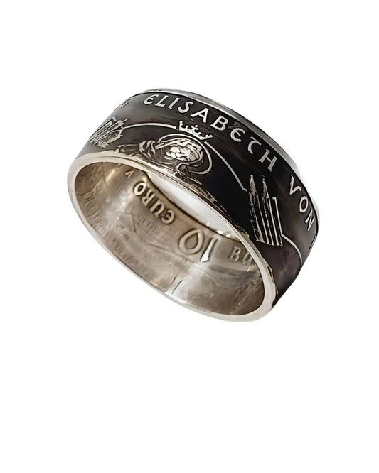 10-Euro-Ring aus einer originalen Gedenkmünze von 2007, handgearbeitet aus Silber – symbolisiert die heilige Nächstenliebe von Elisabeth von Thüringen.