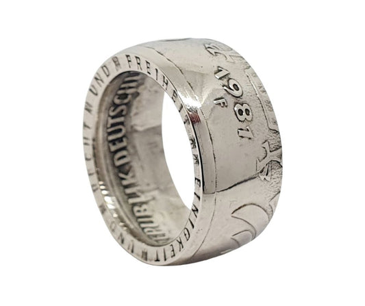 5 DM Münzring mit Wunschjahrgang 1974 - 2001 Seitenansicht - 625er Silber Vintage Schmuck gravierbar
