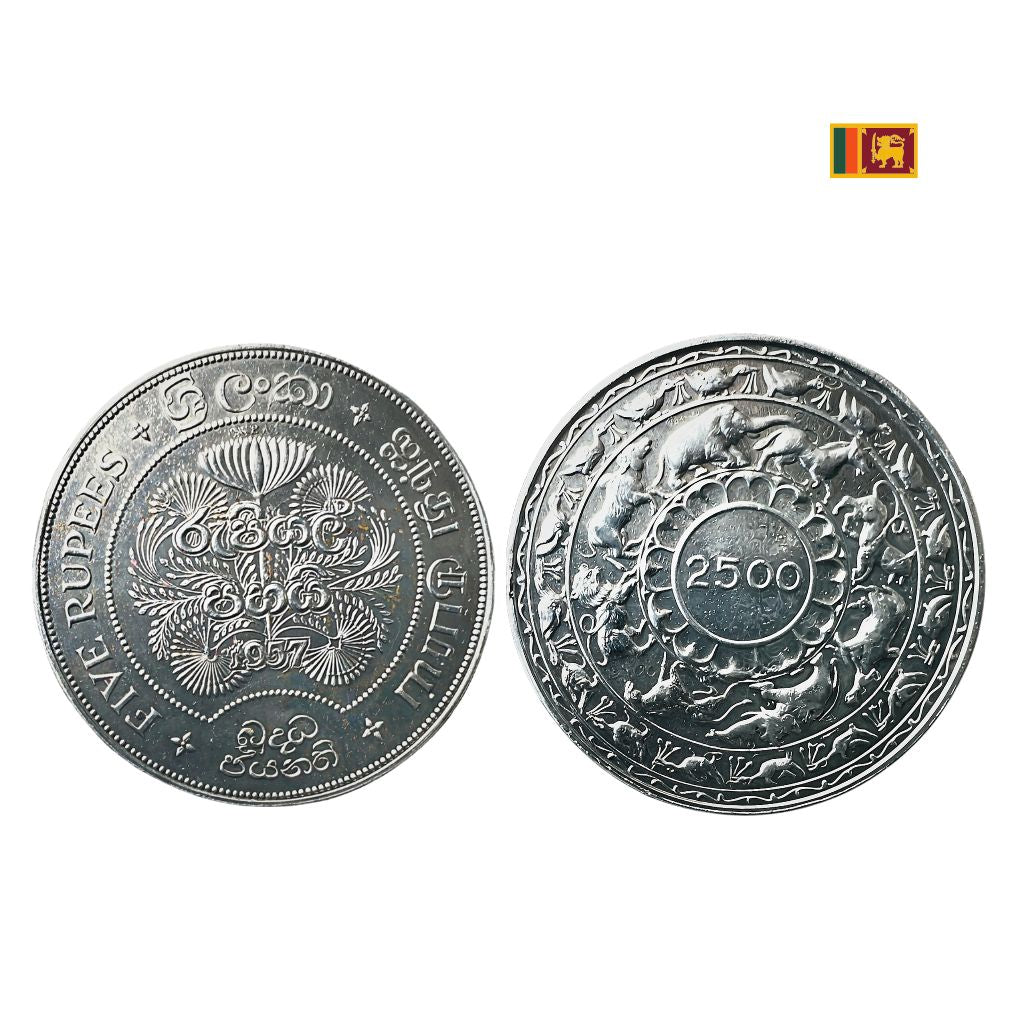 Breiter handgefertigter Silberring aus 5 Rupees Münze Sri Lanka mit buddhistischen Symbolen – einzigartiger Münzschmuck