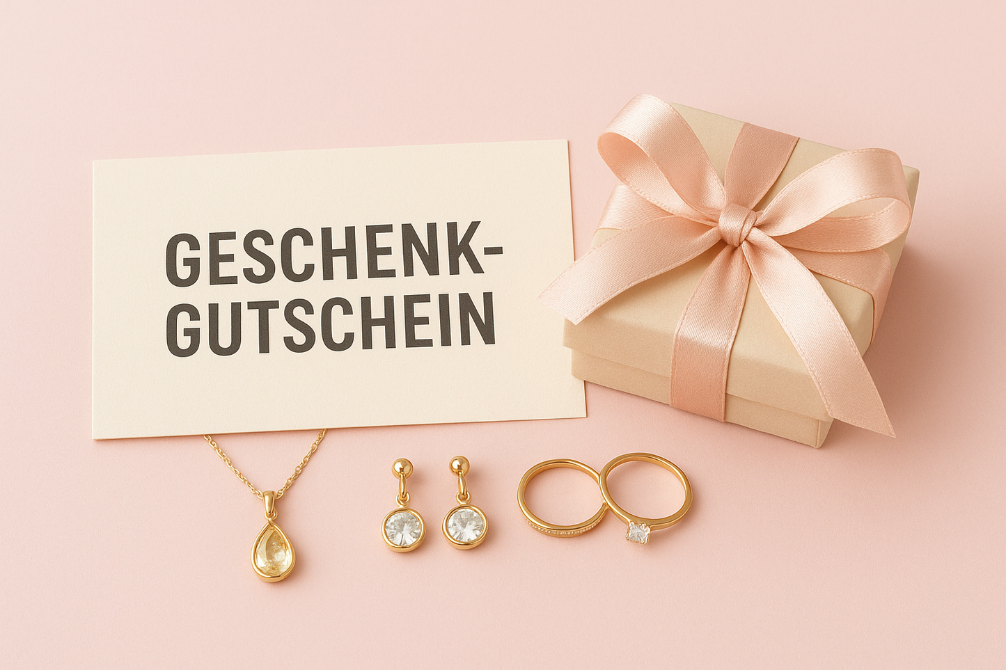 Digitaler Geschenkgutschein für Schmuck, dekoriert mit Geschenkbox und Schmuckstücken“