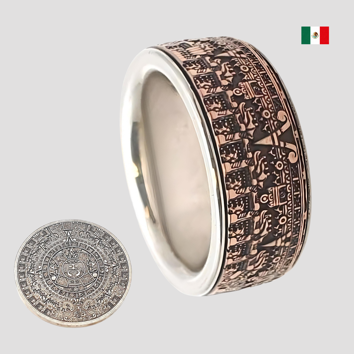 Münzringe gefertigt aus Silbermünzen Mexico/ Azteken-Maya-Kalender