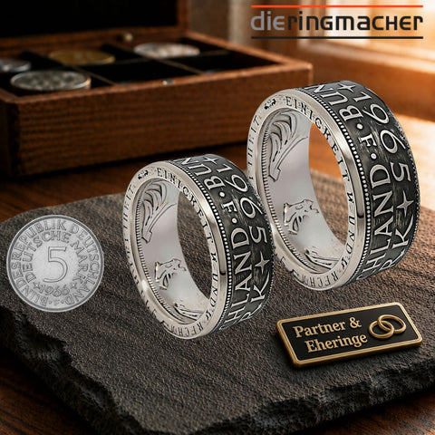 Handgefertigte Eheringe aus echten Münzen mit persönlicher Gravur – einzigartige Trauringe