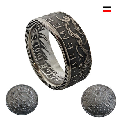 Handgefertigter Münzring aus einer originalen 2-Mark-Bremen-Silbermünze von 1904 – detailreiche Prägung sichtbar