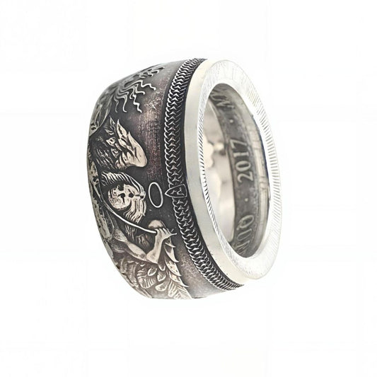 Drachen Münzring aus 925 Silber – Isle of Man Fantasy Ring handgefertigt