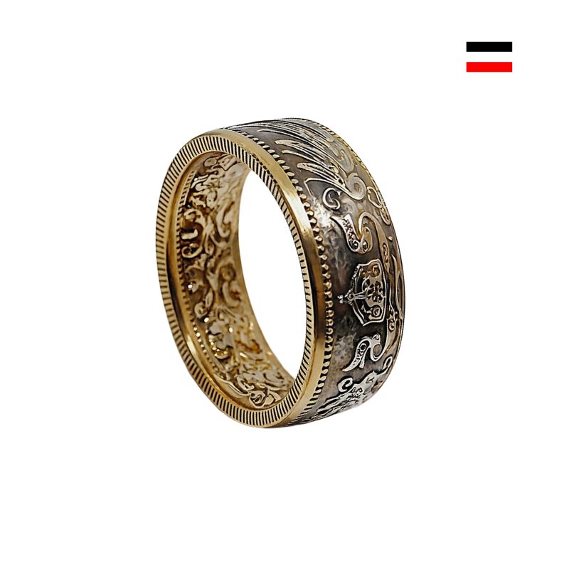 Handgefertigter 1-Mark-Münzring aus dem Deutschen Kaiserreich, gefertigt aus 900er Silber mit teils 24K Vergoldung – ein Stück Geschichte am Finger.