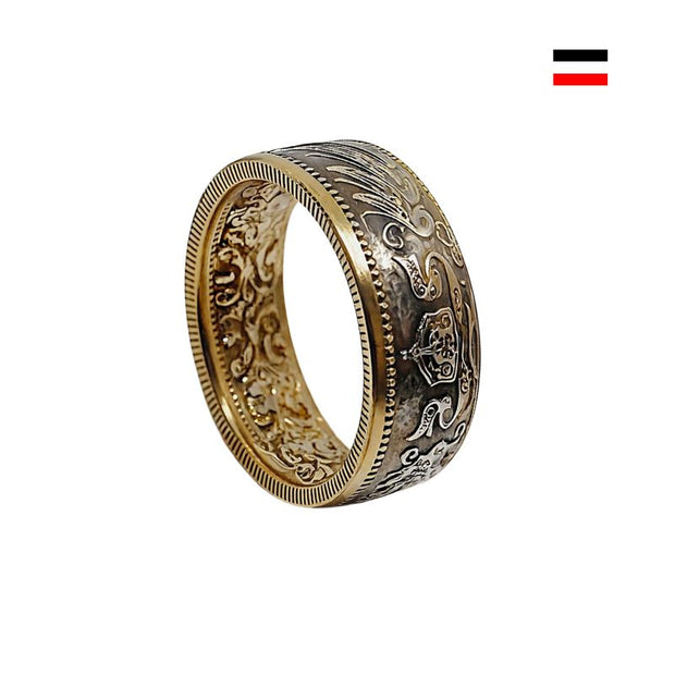 Handgefertigter 1-Mark-Münzring aus dem Deutschen Kaiserreich, gefertigt aus 900er Silber mit teils 24K Vergoldung – ein Stück Geschichte am Finger.