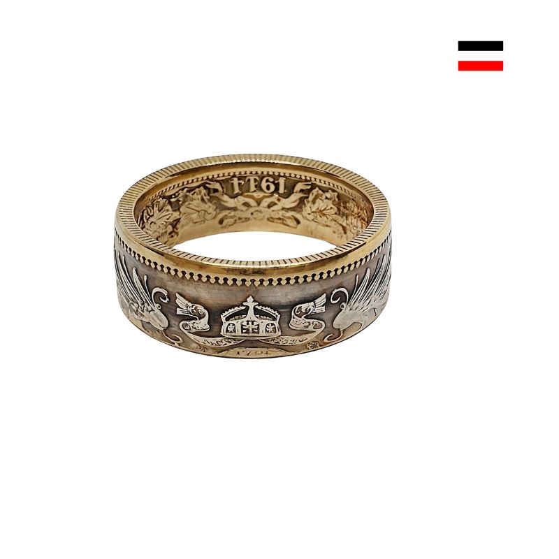Historischer 1-Mark-Münzring aus dem Deutschen Kaiserreich, aus 900er Silber mit 24K Blattgold-Inlay – einzigartiges Schmuckstück.