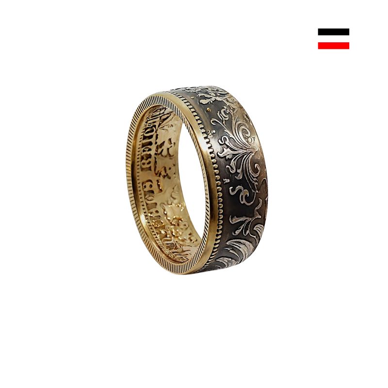 Einzigartiger Kaiserreich-Münzring 1 Mark, handgefertigt aus originaler Münze, 900er Silber und teilweise 24K Gold – tragbares Stück Geschichte.