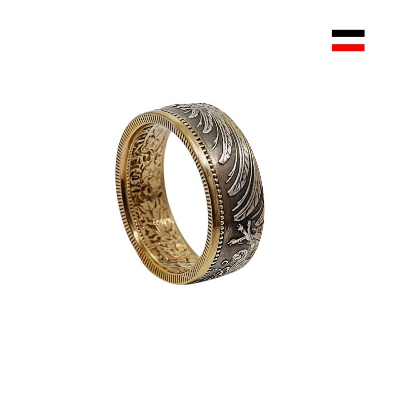 Antiker Klassik-Ring aus einer echten 1-Mark-Münze des Deutschen Kaiserreichs, handgearbeitet aus 900er Silber und teilweise 24K Gold veredelt.