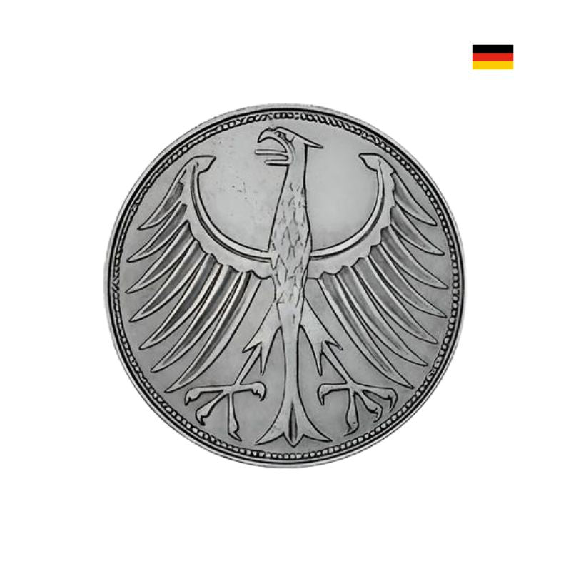 Nachhaltig handgearbeiteter Münzring aus 5 DM Münze – Adler-Design außen, einzigartiger Silberschmuck