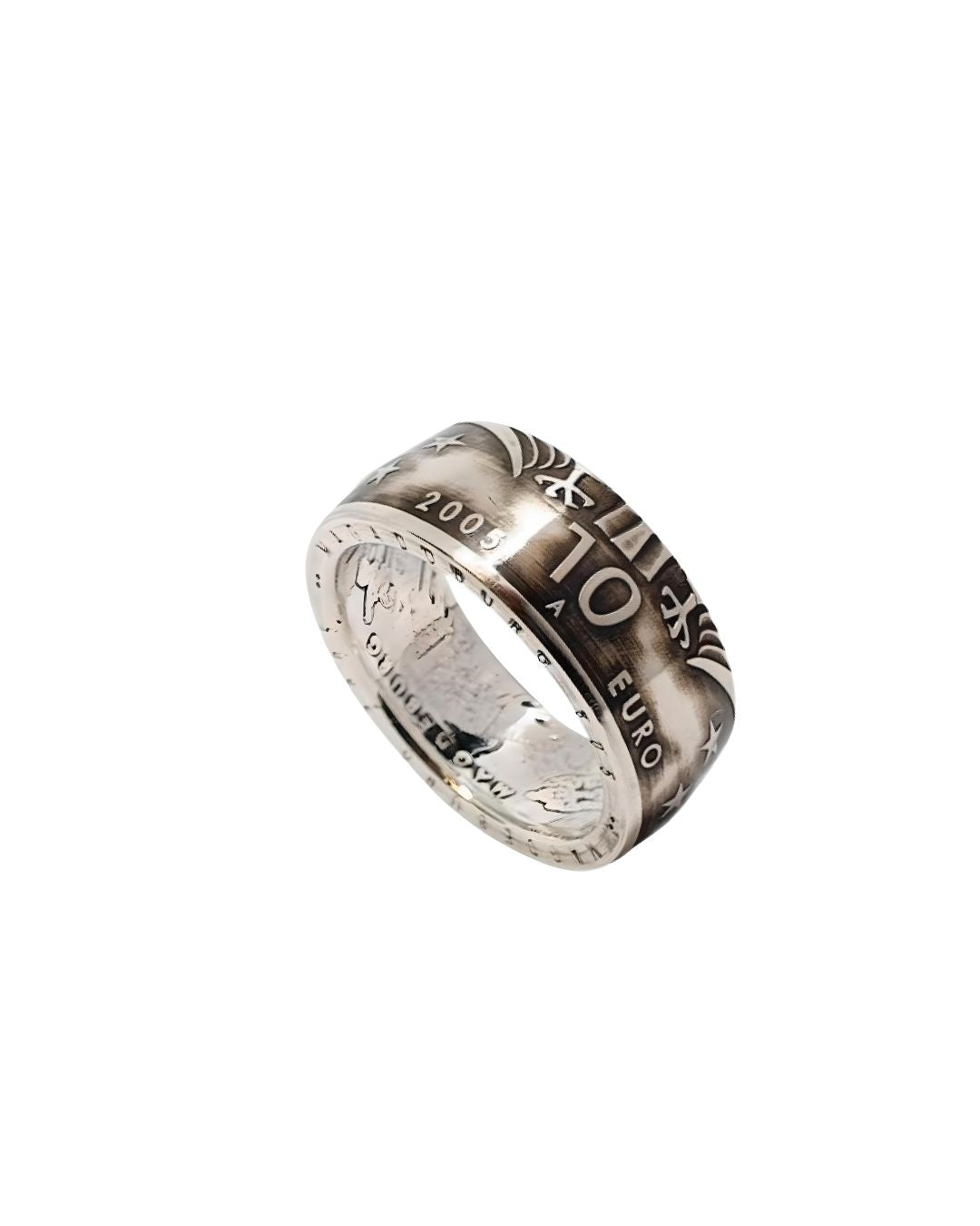 Edler 10-Euro-Ring aus 925er Sterlingsilber, geformt aus einer echten 10-Euro-Münze von 2005 – handgefertigt und einzigartig.