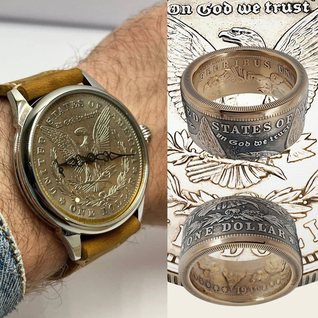 Herrenuhr mit Ziffernblatt und Münzring aus einem originalen US Morgan Dollar.