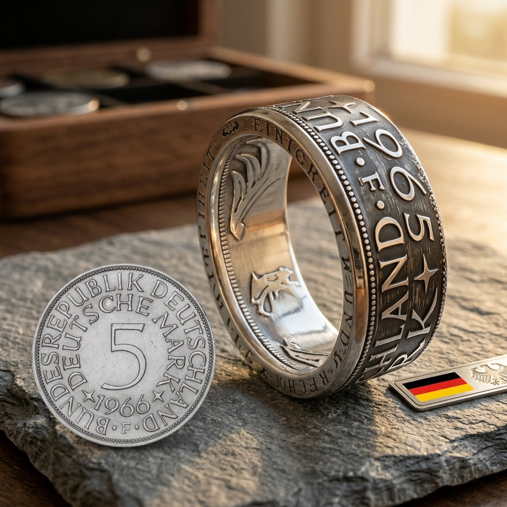 Münzring aus einer originalen 5-DM-Silbermünze, handgefertigtes Unikat mit detailreicher Prägung und polierter Oberfläche.