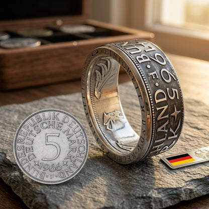 Münzring aus einer originalen 5-DM-Silbermünze, handgefertigtes Unikat mit detailreicher Prägung und polierter Oberfläche.