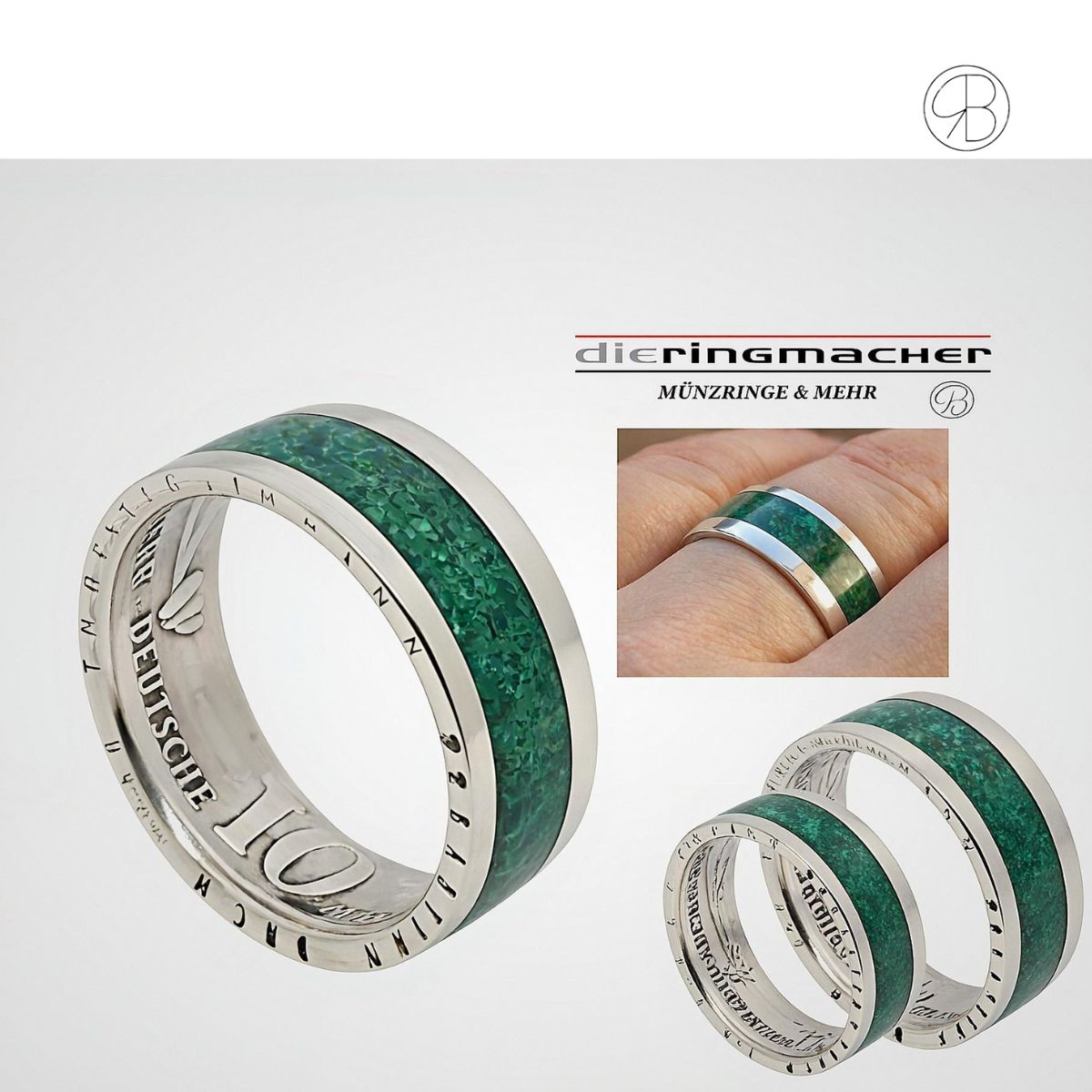 Eheringe aus 10 DM Münzen, Malachit veredelt, individuell gravierbar – symbolische Schmuckstücke für Paare