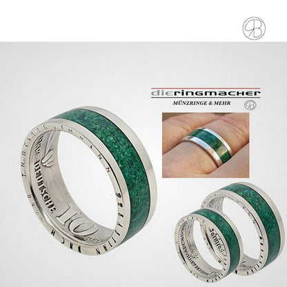Eheringe aus 10 DM Münzen, Malachit veredelt, individuell gravierbar – symbolische Schmuckstücke für Paare