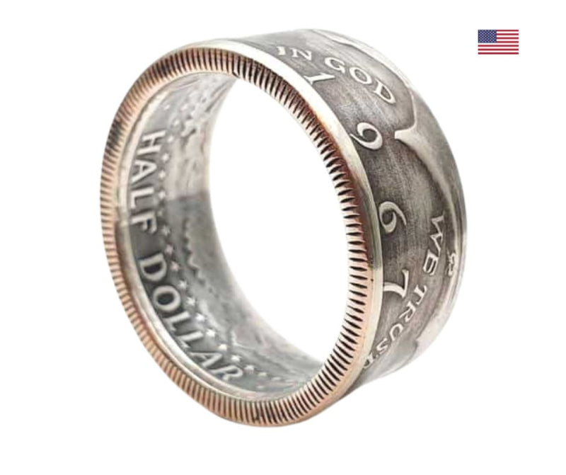 Kennedy Half Dollar Münzring - Detailansicht der historischen Münzprägung und Ringstruktur