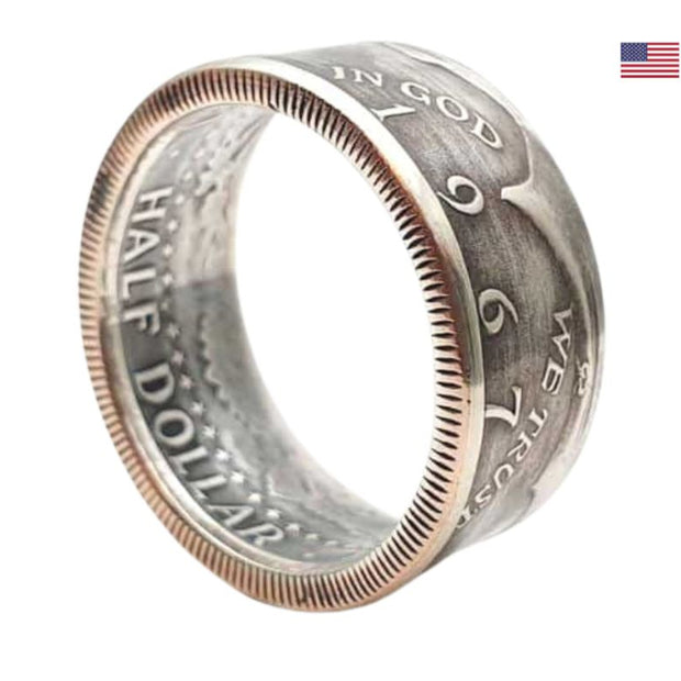 Kennedy Half Dollar Münzring - Detailansicht der historischen Münzprägung und Ringstruktur