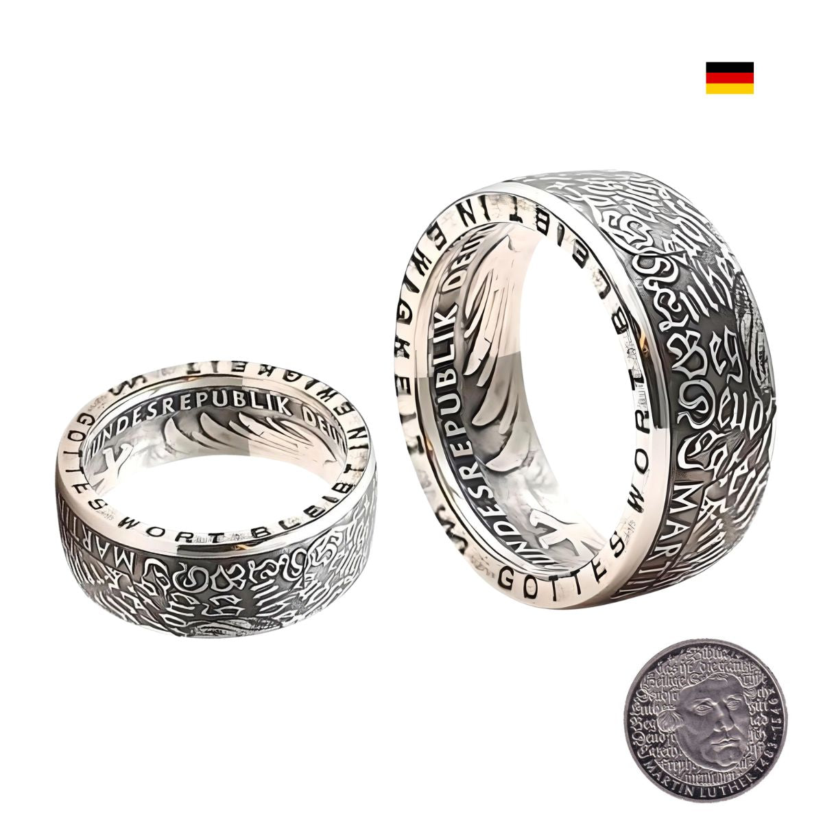Detailaufnahme von handgefertigten 5-DM-Münz-Partner-Ringen mit individuellen Gravuren