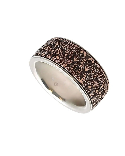 Azteken Maya Kalender Ring - Handgefertigter Münzring Sterlingsilber