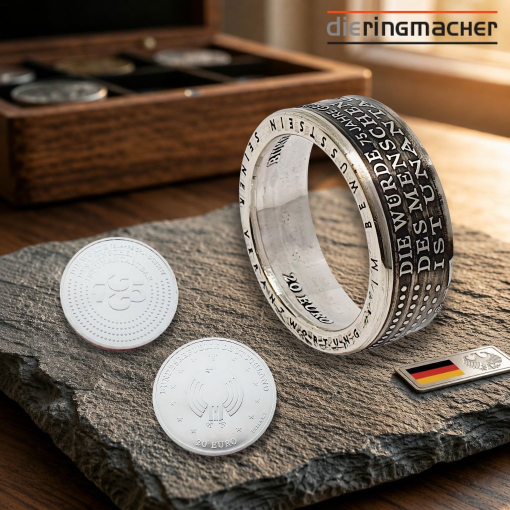 Außergewöhnlicher 20-Euro-Münzring aus 925er Silber, gefertigt aus einer originalen 20-Euro-Gedenkmünze von 2024 – 75 Jahre Grundgesetz.