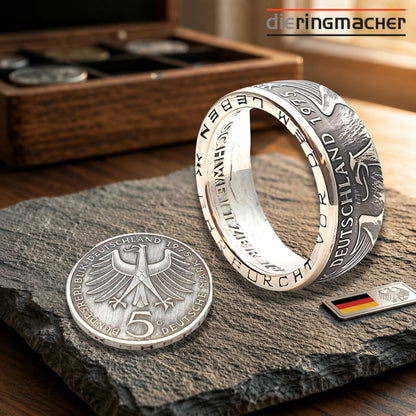 5 DM Münzring Albert Schweitzer 1975, Gedenkmünze Friedensnobelpreisträger, 625er Silber"