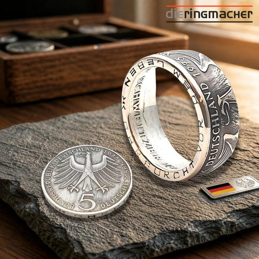 5 DM Münzring Albert Schweitzer 1975, Gedenkmünze Friedensnobelpreisträger, 625er Silber"