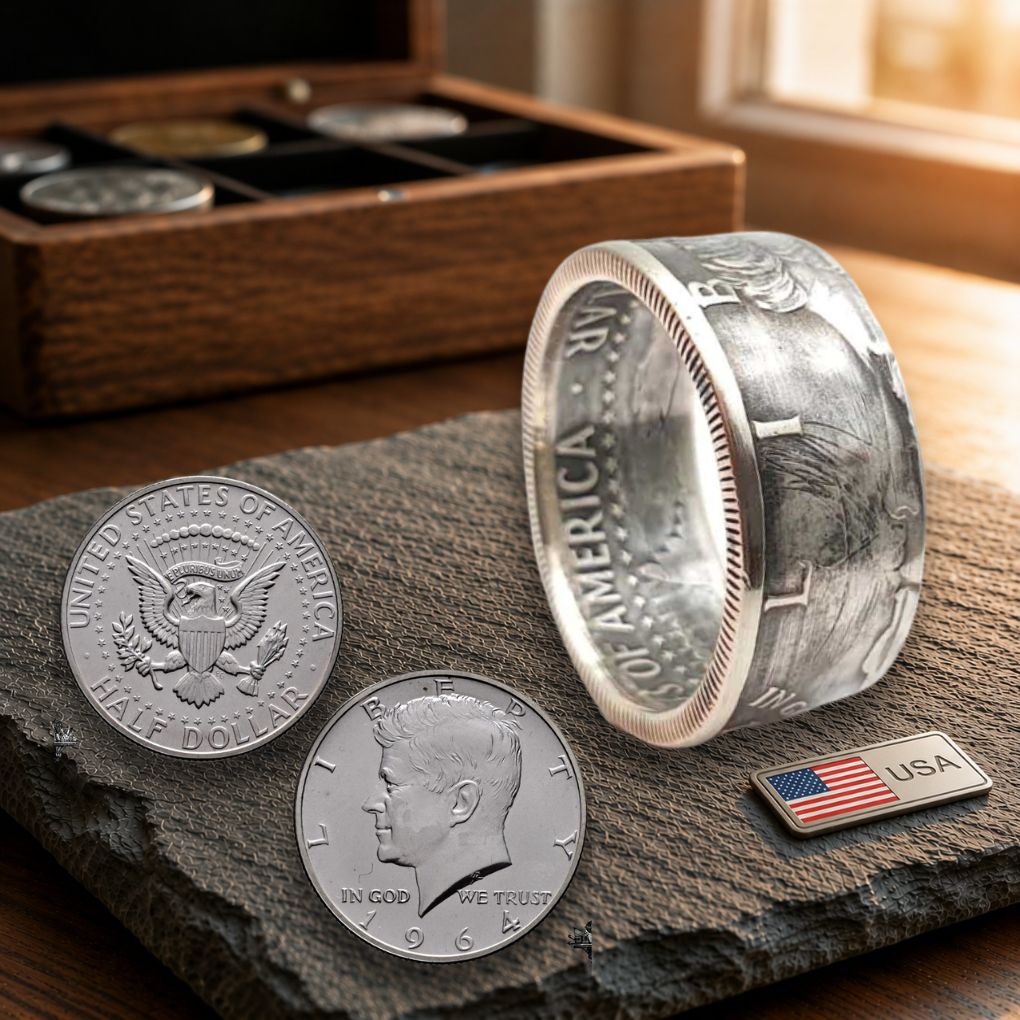 Kennedy Münzring 1/2 Dollar USA - Hauptansicht des handgefertigten Silberrings mit JFK-Prägung