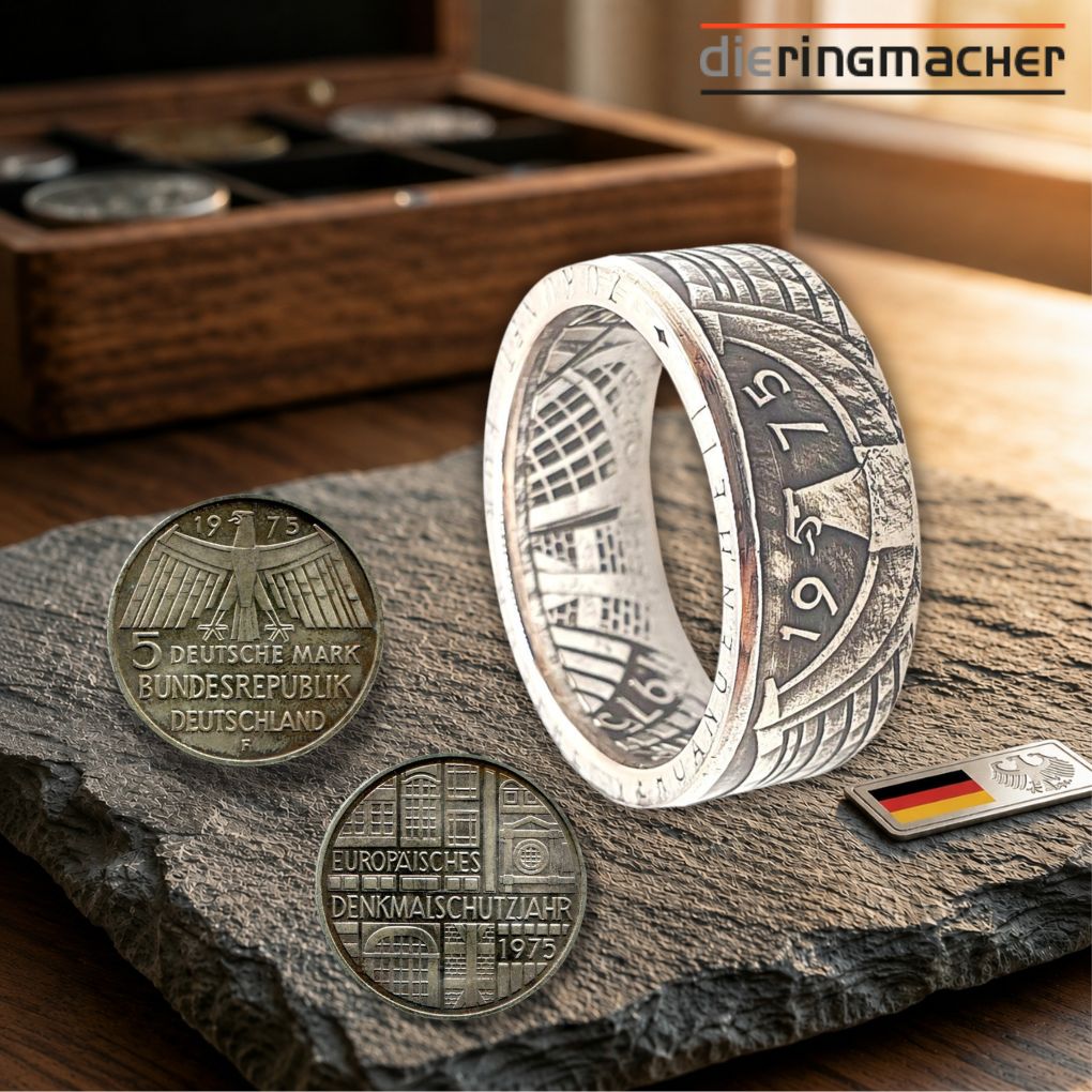 Vintage 5-DM-Münzring aus 1975, handgefertigt, 625er Silber, sichtbare Patina