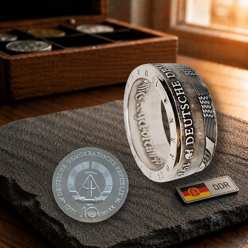 Handgefertigter 10-Mark DDR Münzring aus 625er Silber, Prägejahre 1970–1978