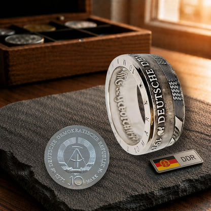 Handgefertigter 10-Mark DDR Münzring aus 625er Silber, Prägejahre 1970–1978
