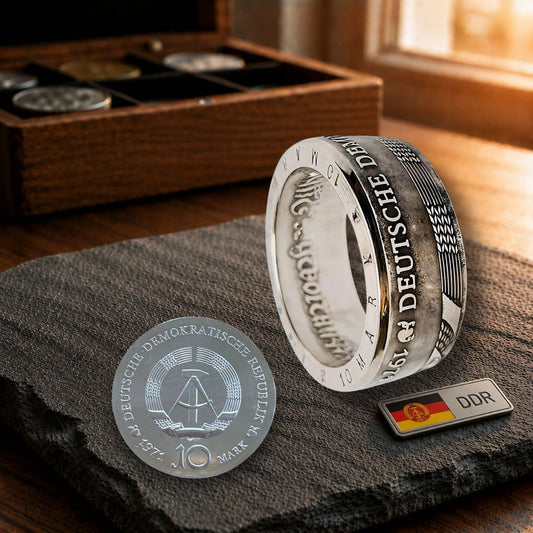 Handgefertigter 10-Mark DDR Münzring aus 625er Silber, Prägejahre 1970–1978