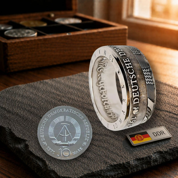 Handgefertigter 10-Mark DDR Münzring aus 625er Silber, Prägejahre 1970–1978