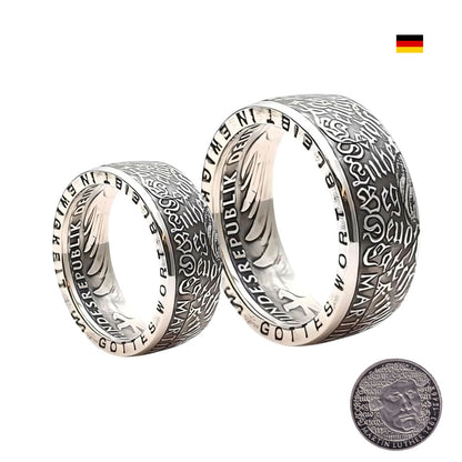 Partnerringe aus originaler 5-DM-Münze 1983 mit Martin-Luther-Motiv, handgefertigt in Deutschland