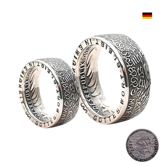 Partnerringe aus originaler 5-DM-Münze 1983 mit Martin-Luther-Motiv, handgefertigt in Deutschland