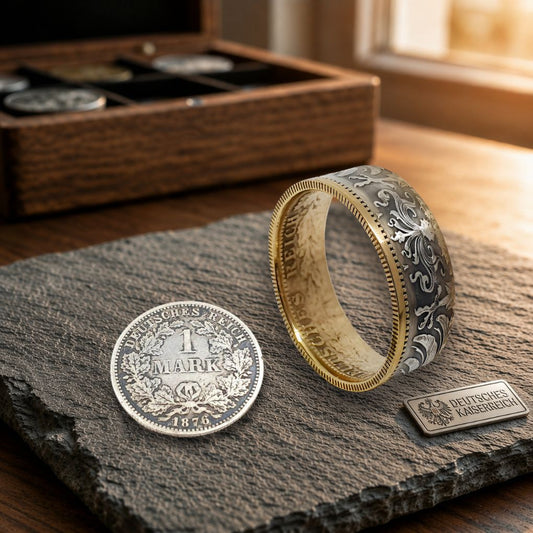 Handgefertigter 1-Mark-Münzring aus dem Deutschen Kaiserreich, gefertigt aus 900er Silber mit teils 24K Vergoldung – ein Stück Geschichte am Finger.