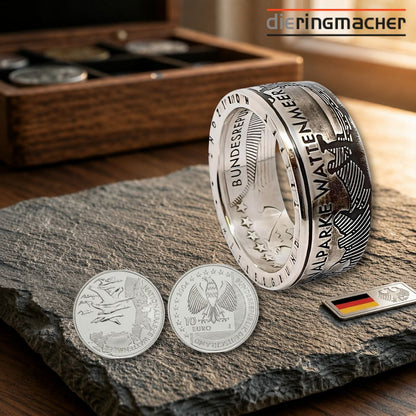 Handgefertigter 10-Euro-Münzring aus Silber aus einer originalen Gedenkmünze – Würdigung des Wattenmeers als UNESCO-Weltnaturerbe, Naturparadies der Nordseeküste.
