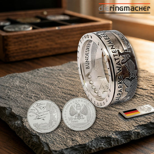 Handgefertigter 10-Euro-Münzring aus Silber aus einer originalen Gedenkmünze – Würdigung des Wattenmeers als UNESCO-Weltnaturerbe, Naturparadies der Nordseeküste.