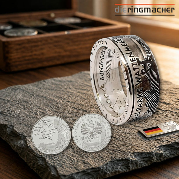Handgefertigter 10-Euro-Münzring aus Silber aus einer originalen Gedenkmünze – Würdigung des Wattenmeers als UNESCO-Weltnaturerbe, Naturparadies der Nordseeküste.