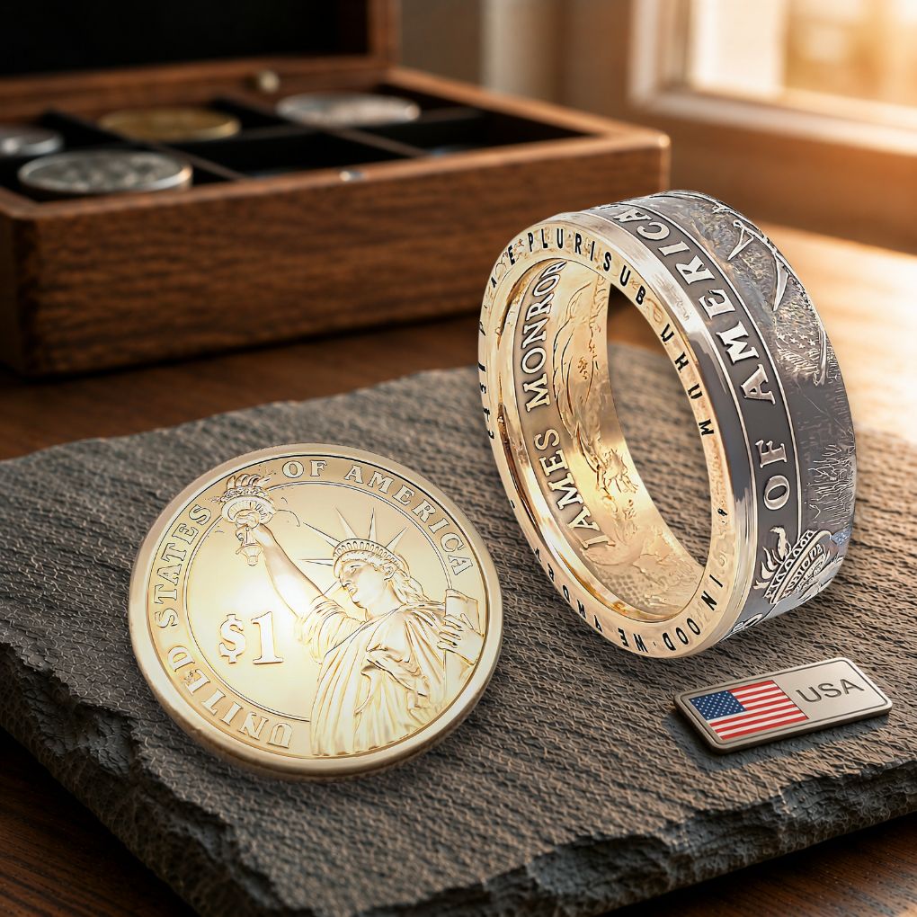 Besonderer 1-Dollar-Münzring aus einer originalen 1-Dollar-Münze von 2008 – ideal als Geschenk für Amerika-Fans, Sammler oder Paare.