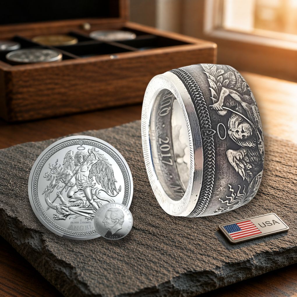 Drachen Münzring aus 925 Silber – Isle of Man Fantasy Ring handgefertigt