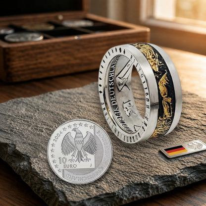 Silberring , Münzring aus 10 Euro mit  Blattgold-