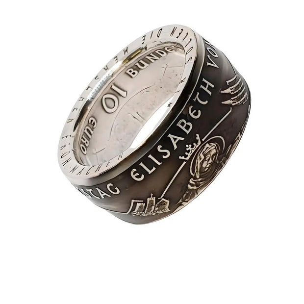 Handgefertigter 10-Euro-Münzring aus Silber aus einer originalen 2007er Gedenkmünze – ehrt Elisabeth von Thüringen, Patronin der Armen und Kranken.
