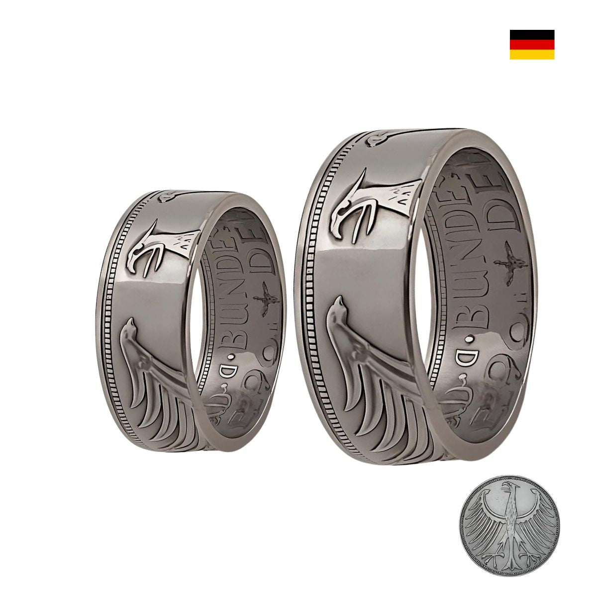 Elegante Partnerringe aus originaler 5-DM-Münze, schwarz rhodiniert, 625 Silber – ideal als Ehering mit Gravur